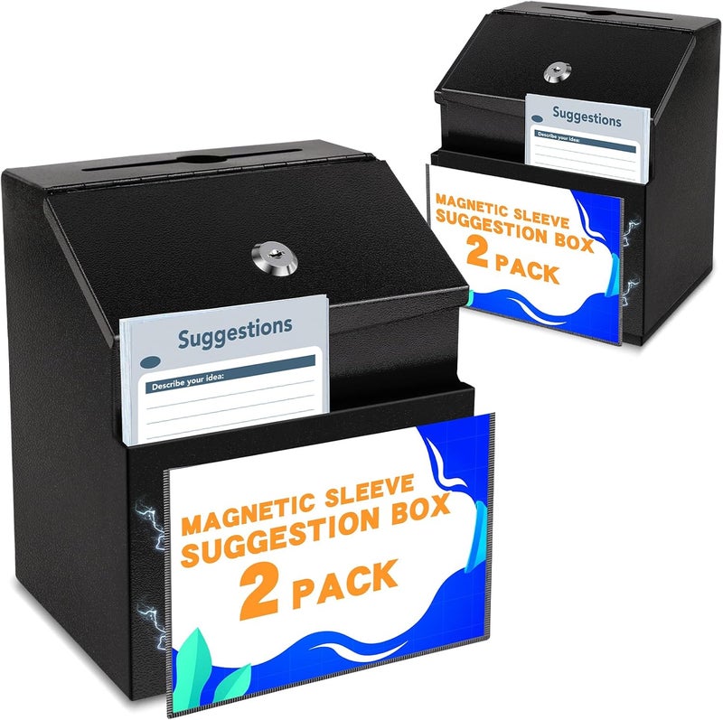 LINSIRON Suggestion Box with Slot and Lock 2 Pcs Metal 8.4 x 5.8 x 7.0 in Built-In Storage Compartment with Magnetic Sign Holder 100 Suggestion Card Tip Jar Ballot Voting Prayer Comment Mailbox - Image 1